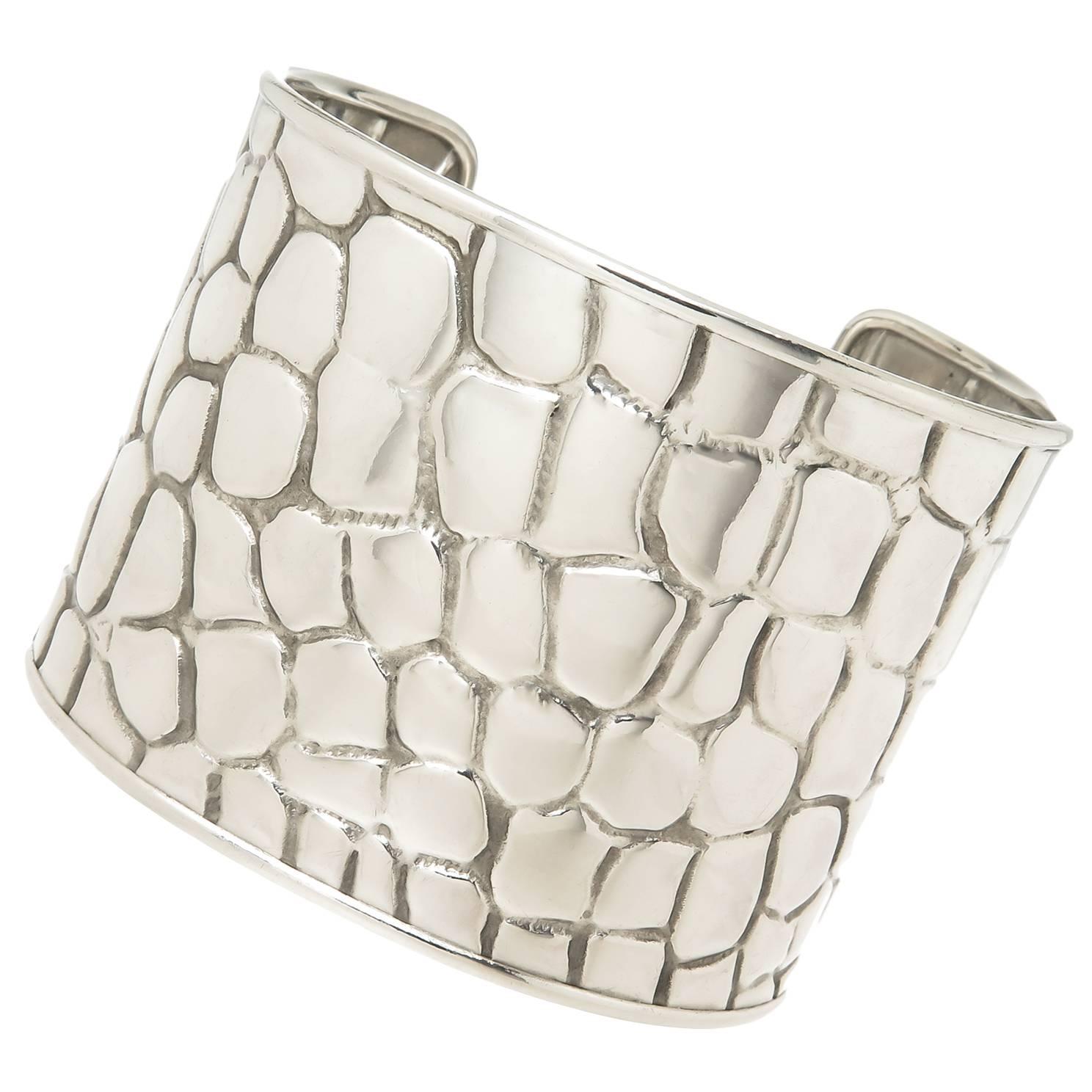 Tiffany & Co. Silver Crocodile Textured Wide Cuff Bracelet
