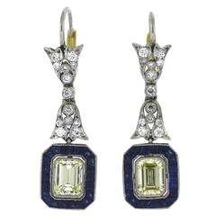 Vintage Sapphire Diamond Platinum Drop Earrings