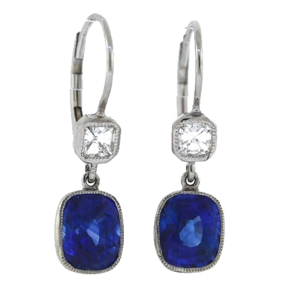 Cushion Sapphire Diamond Platinum Drop Earrings 