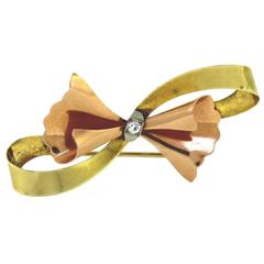 Retro Rose and Green Gold Diamond Bow Brooch