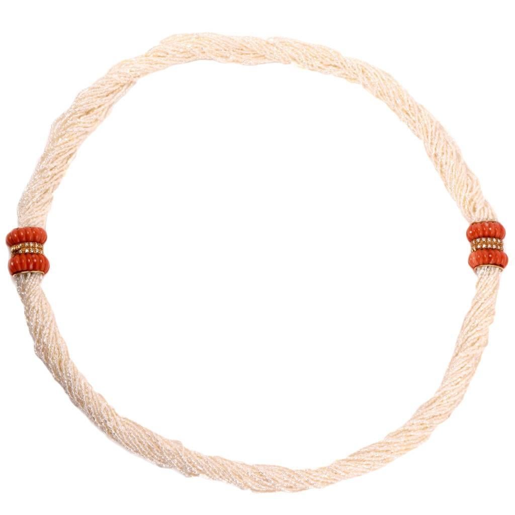 Multi-Strand Seed Pearl Necklace With Coral Diamond Gold Clasp