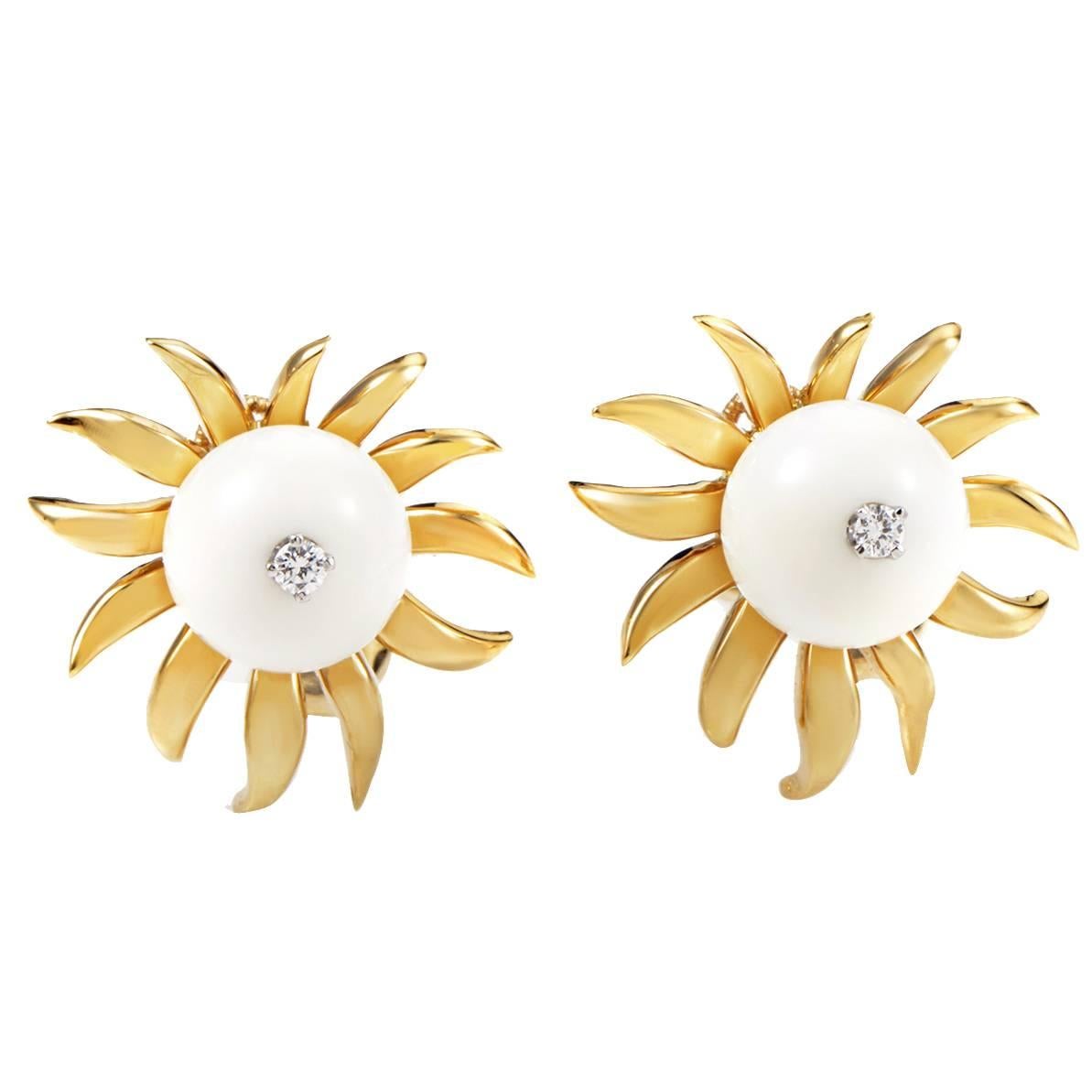 Tiffany & Co. Schlumberger White Onyx Diamond Gold Earrings
