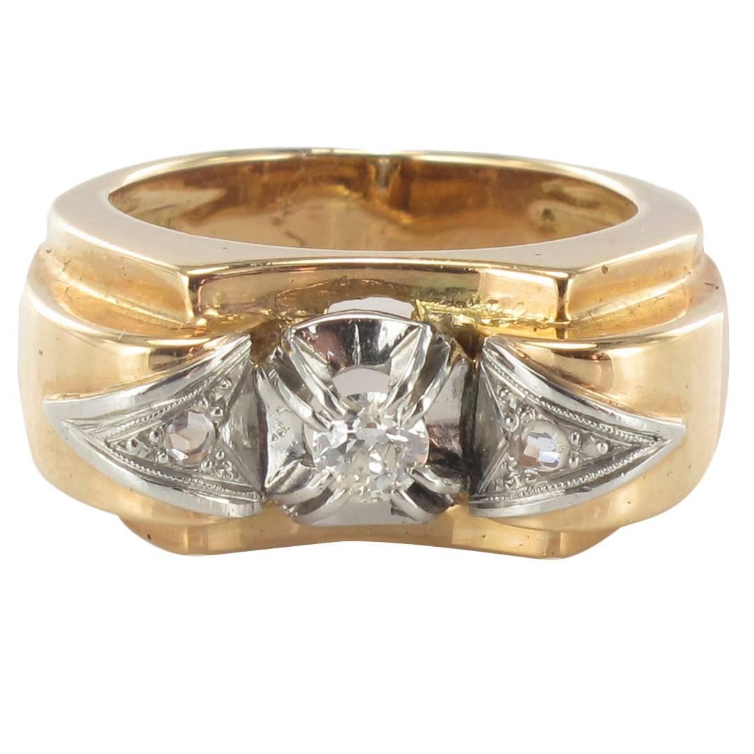 1950s French Diamond Two Color Gold Tank Ring