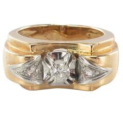 Retro 1950s French Diamond Two Color Gold Tank Ring