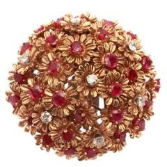 1960s Ruby Diamond Gold Floral Ring 