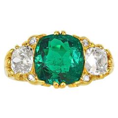 Victorian Colombian Emerald Diamond gold Three Stone Ring