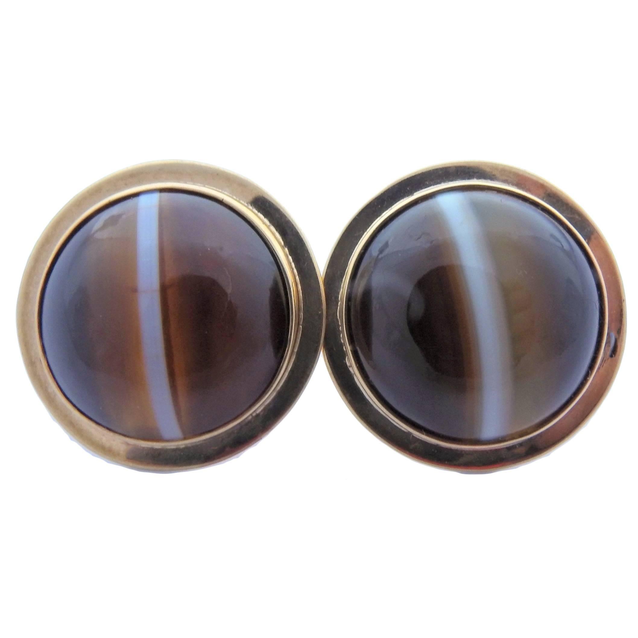 Antique Banded Agate Gold Earrings