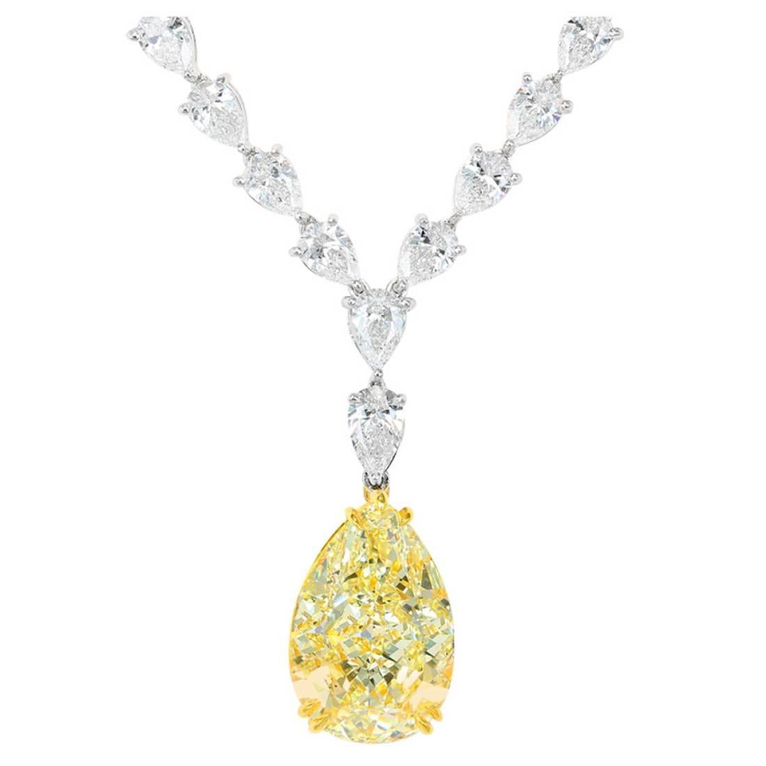 15.98 Carat Natural Yellow Pear Shape Diamond Two-Color Gold Necklace For Sale