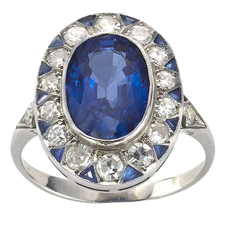 Sapphire Diamond Platinum Cluster Ring For Sale at 1stdibs