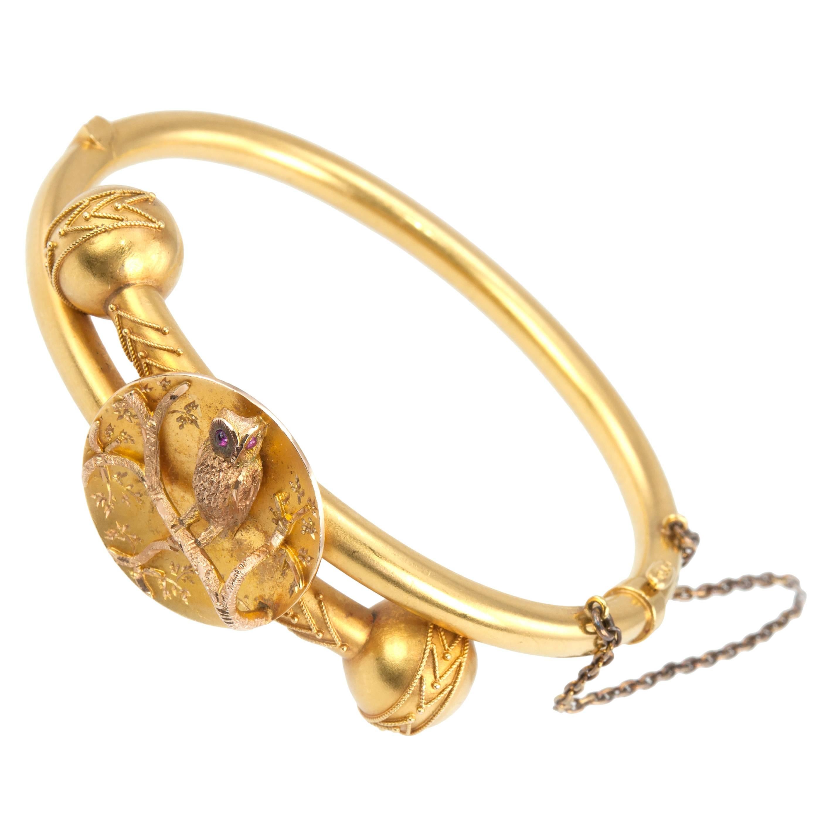 Victorian Gold Owl Bangle Bracelet For Sale