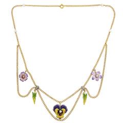 Antique Edwardian Enamel Diamond Gold Festoon Flower Necklace
