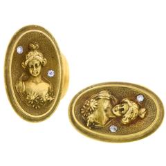 Art Nouveau Diamond Gold Maiden Cufflinks