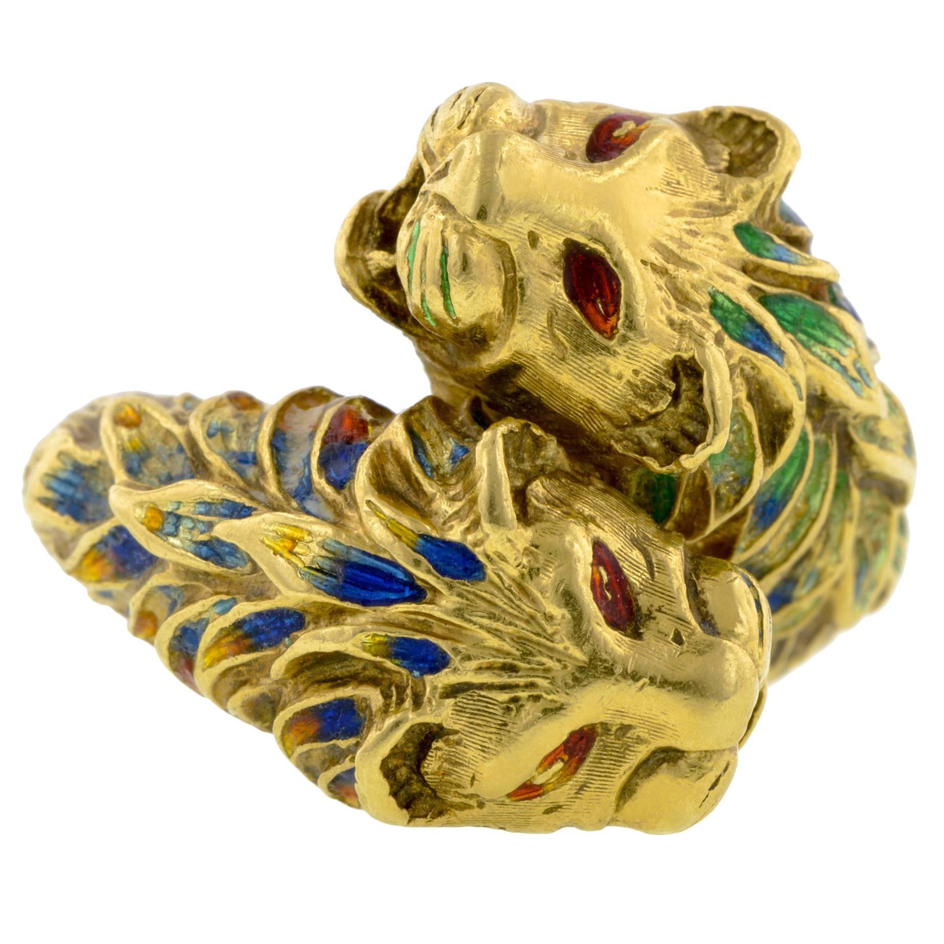 Enamel Gold Double Lion Crossover Ring  For Sale