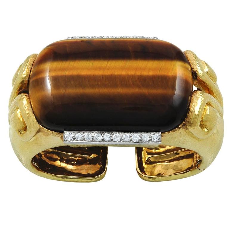 David Webb Tiger's Eye Quartz Diamond Cuff Bracelet For Sale