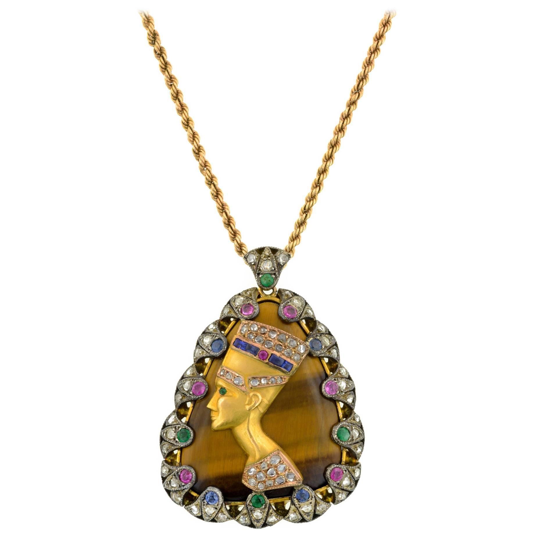 Gem Set Diamond Silver Gold Egyptian Revival Style Queen Nefertiti Pendant For Sale