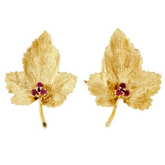 Tiffany & Co. Ruby Leaf Gold Earrings 