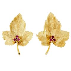 Tiffany & Co. Ruby Leaf Gold Earrings 2