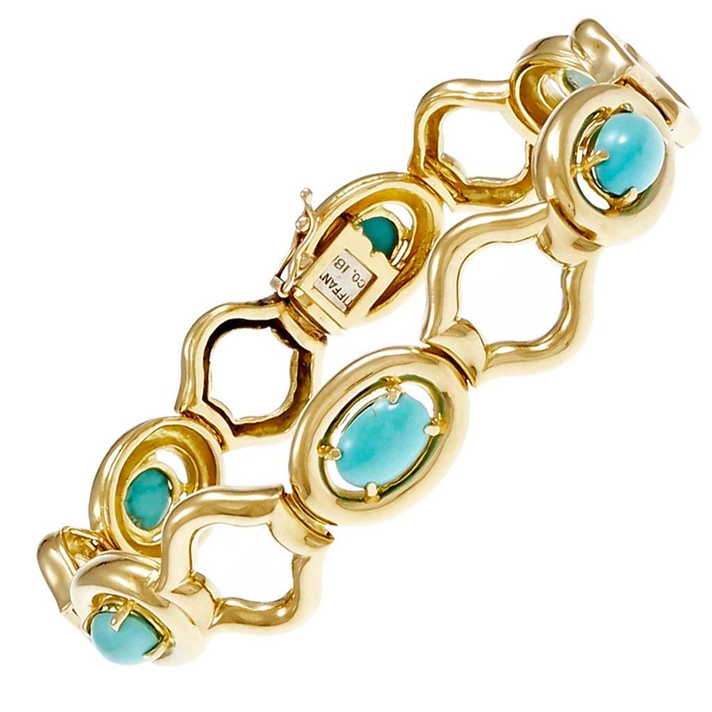 Tiffany & Co. Bracelet à maillons en or et turquoise naturelle certifiée GIA, années 1960