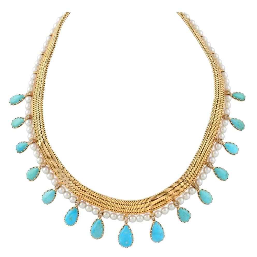 1950s Certified by FrançOise Cailles René Boivin Paris Turquoise Gold Necklace