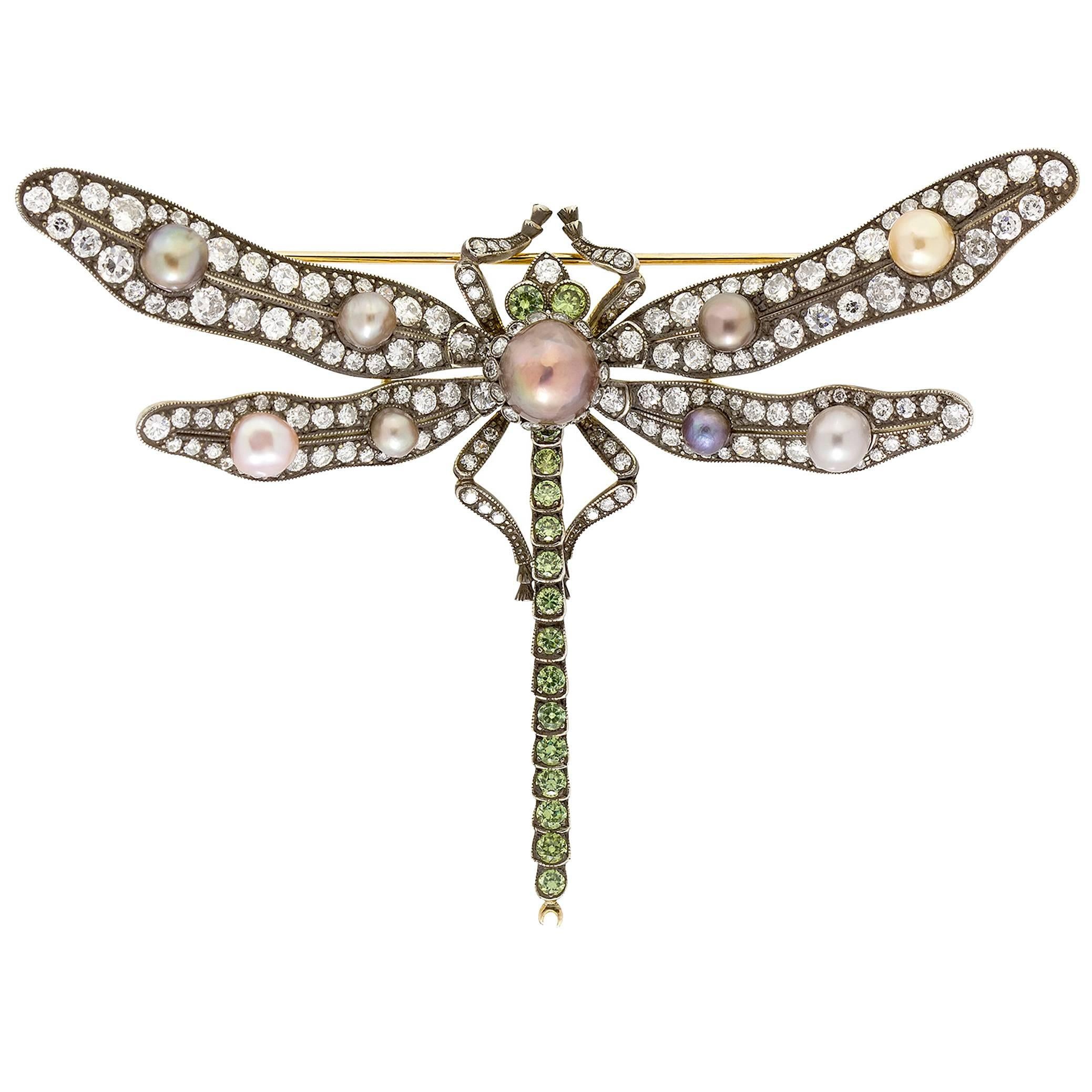 Natural Pearl Diamond Gold Dragonfly Pin For Sale