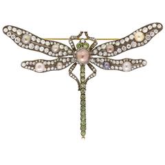 Vintage Natural Pearl Diamond Gold Dragonfly Pin
