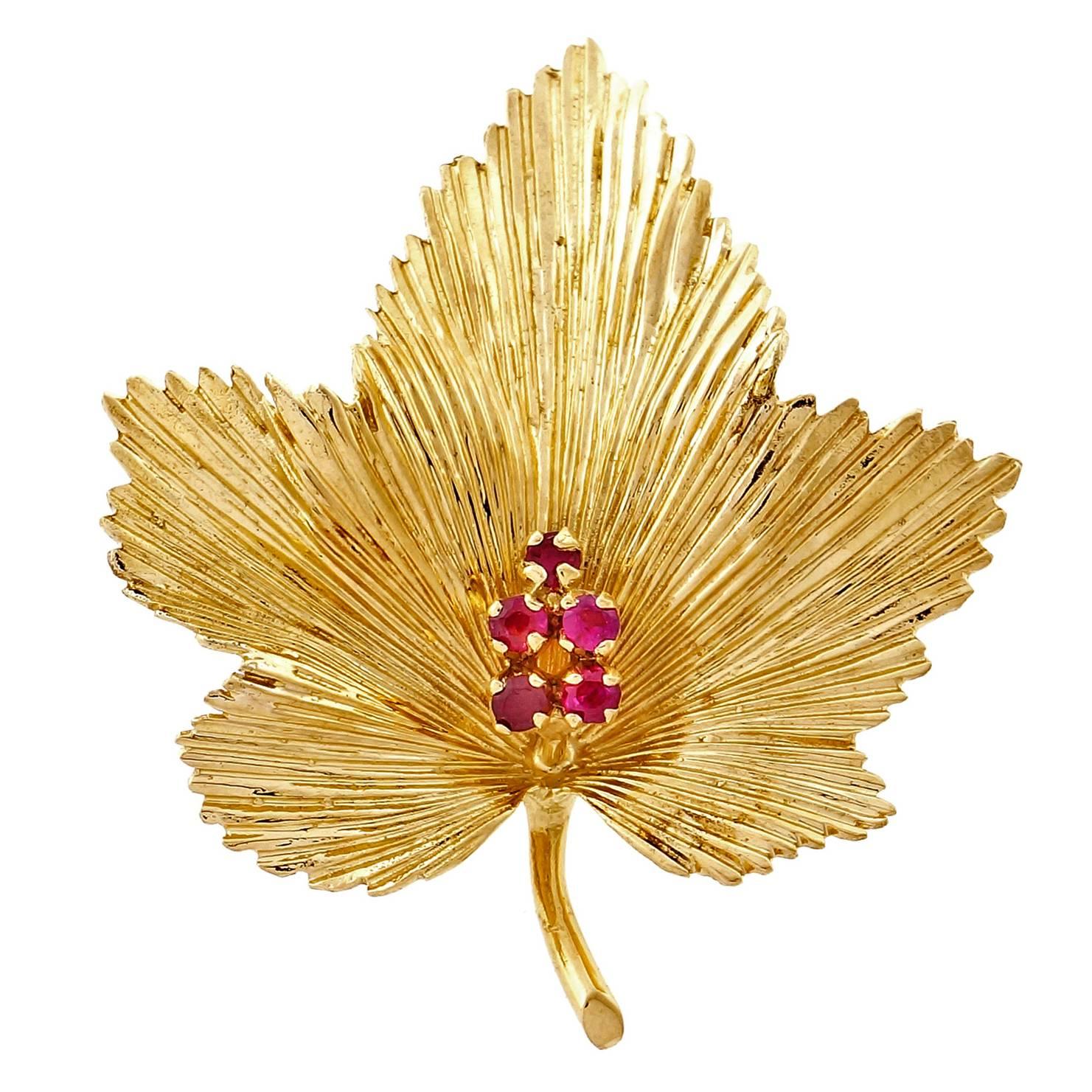 Tiffany & Co. Ruby Gold Leaf Pin 