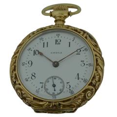 Antique Omega Ladies Yellow Gold Repousse Pendant Watch