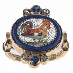 Antique Italian Micromosaic Sapphire Gold Rooster Ring 