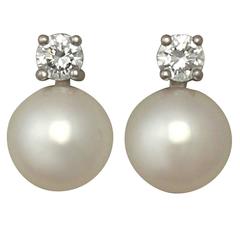 Pearl and 0.18Ct Diamond, 18k White Gold Earrings - Vintage German Circa 1970