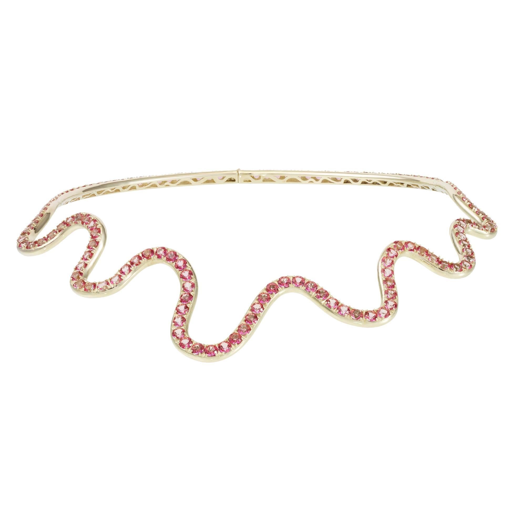 *MADE TO ORDER - 5 WEEK LEAD TIME*

Sabine Getty wiggly necklace in 18k yellow gold set with pink topaz.

Topaz: 38.57ct

Yellow, pink, green and blue. Four colours inspired by the Memphis Group, the kookiest of Made in Italy designers, for a