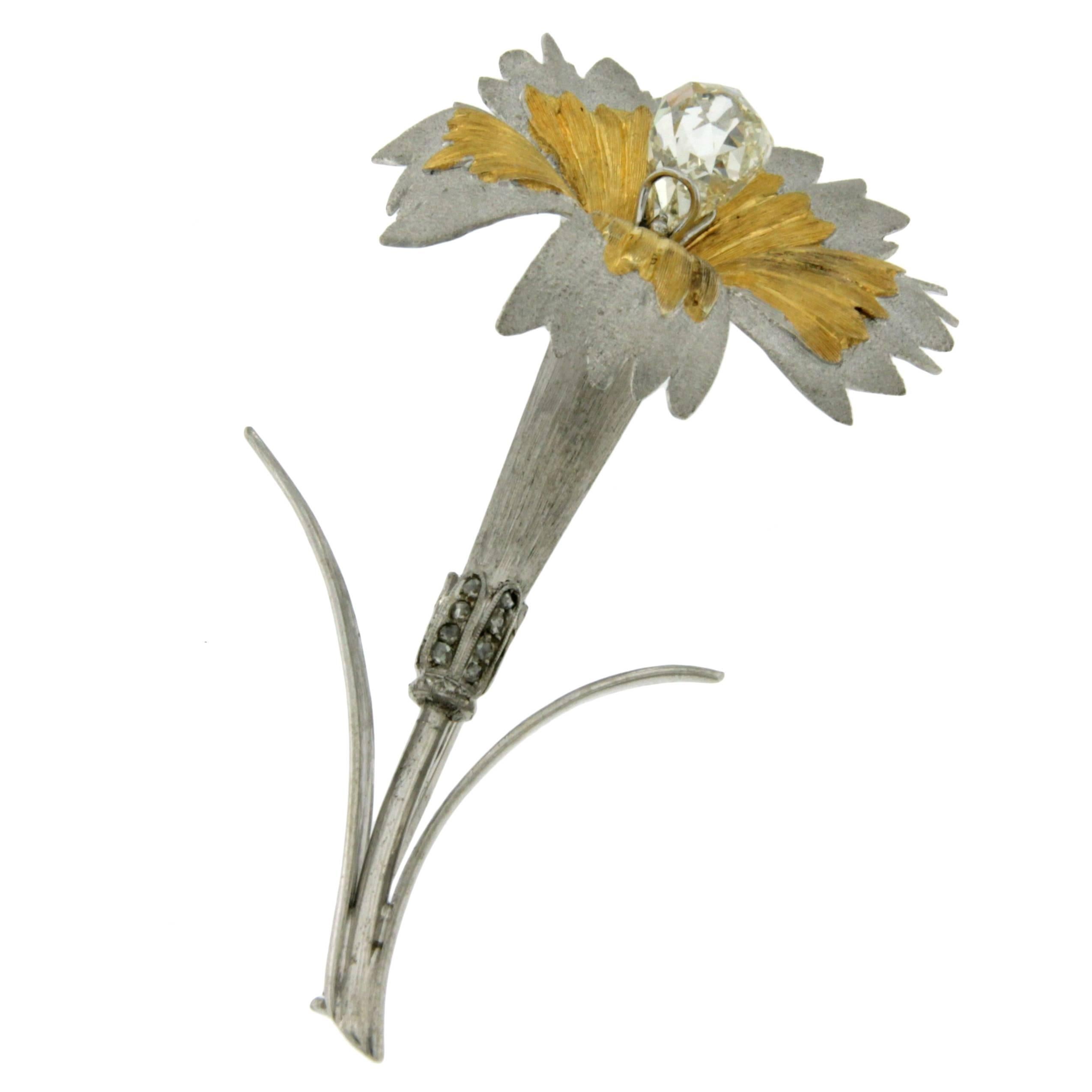 3 Carat Briolette Diamond Gold Flower Brooch Pin
