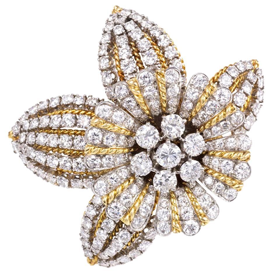 1950s Boucheron Diamond Gold Platinum Flower Brooch
