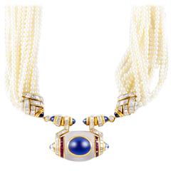 Vintage Bulgari Precious Gemstone Pearl Gold Necklace