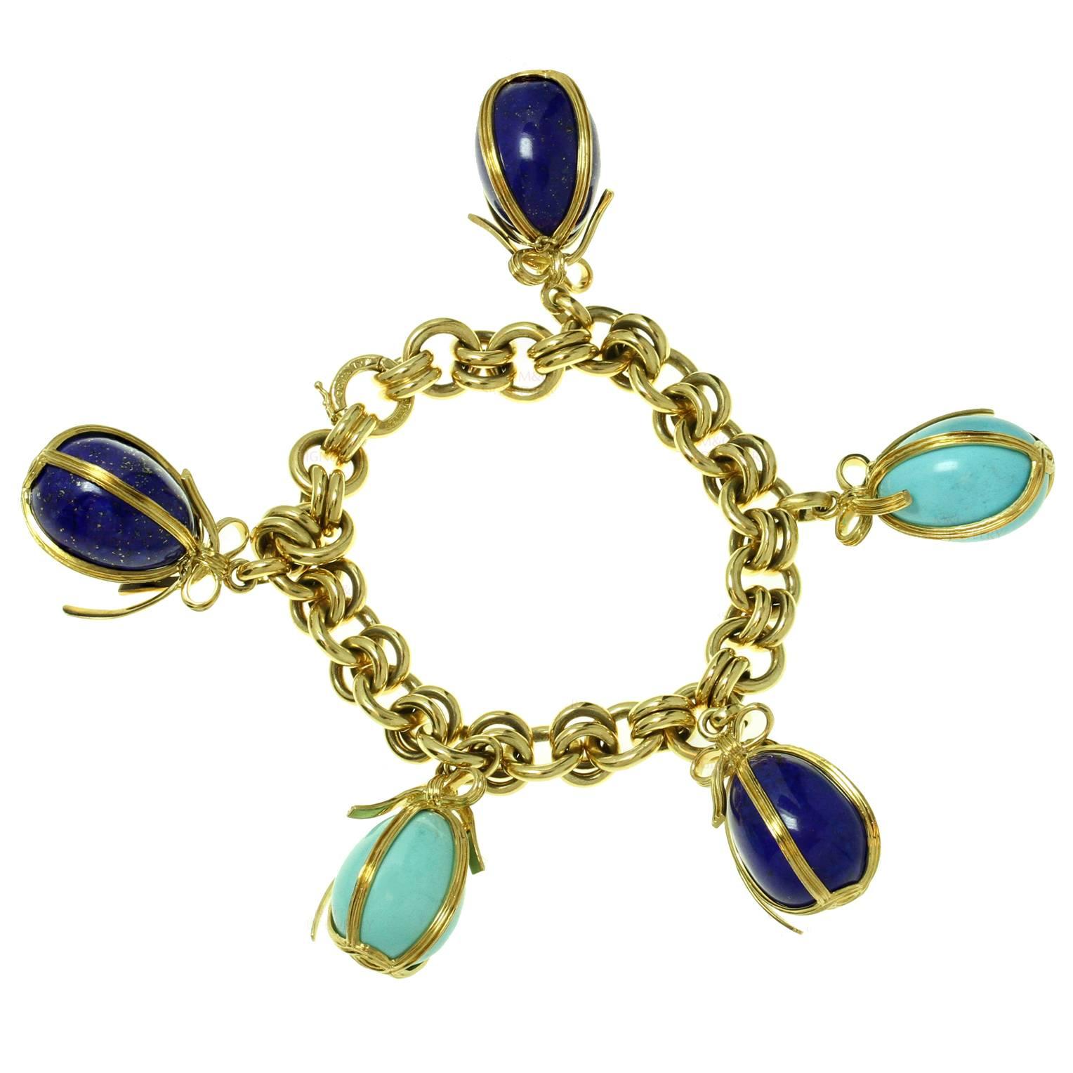 Tiffany & Co. Schlumberger Turquoise Lapis Lazuli Egg Charms Bracelet 