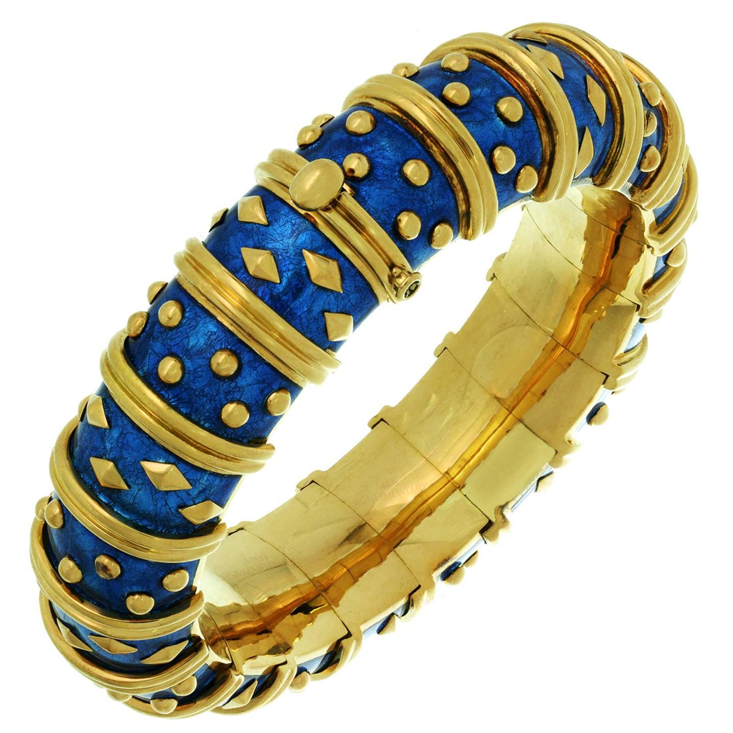 Tiffany & Co. Schlumberger Dot Losange Blue Enamel Gold Bracelet 