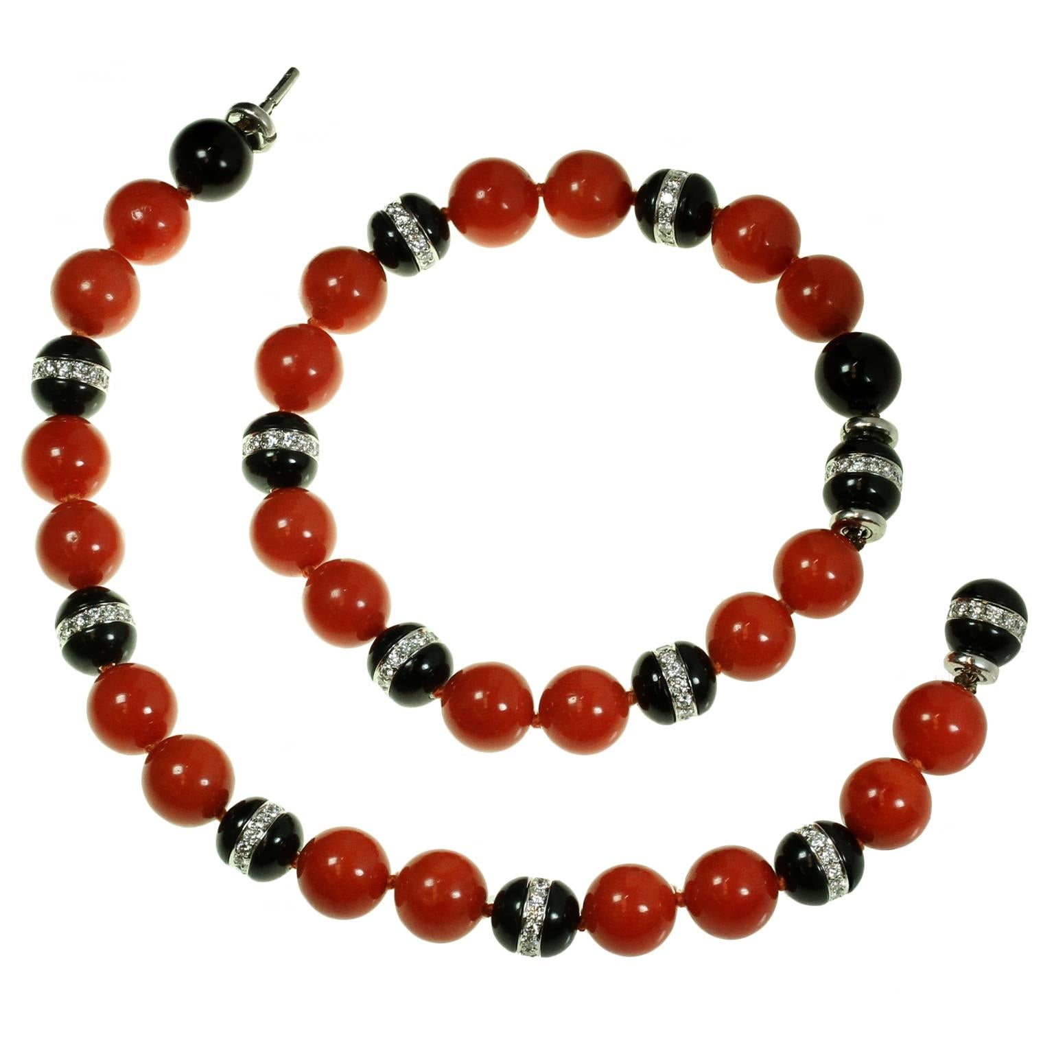 Tiffany & Co. Natural Oxblood Coral Onyx Diamond Bead Bracelet Pair or Necklace
