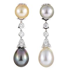 Cartier Multi-Color Pearl Diamond Platinum Clip-On Earrings