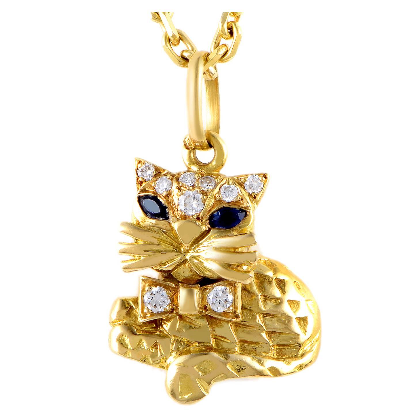 Van Cleef & Arpels Sapphire Diamond Gold Cat Pendant Necklace