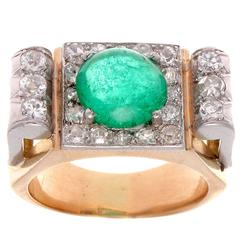 Cabochon Emerald Diamond Platinum Gold Ring