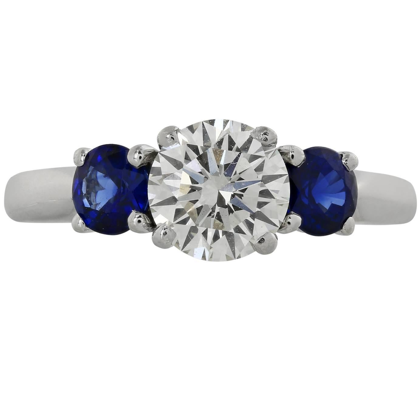 1.15 Carat Round Brilliant Diamond Sapphire Platinum Engagement Ring
