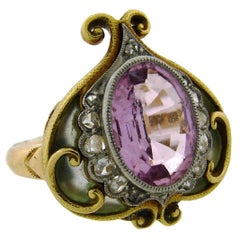 1910s Art Nouveau Plique-a-Jour Enamel Pink Sapphire Diamond Gold Ring