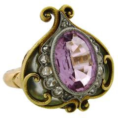1910s Art Nouveau Plique-a-Jour Enamel Pink Sapphire Diamond Gold Ring 9