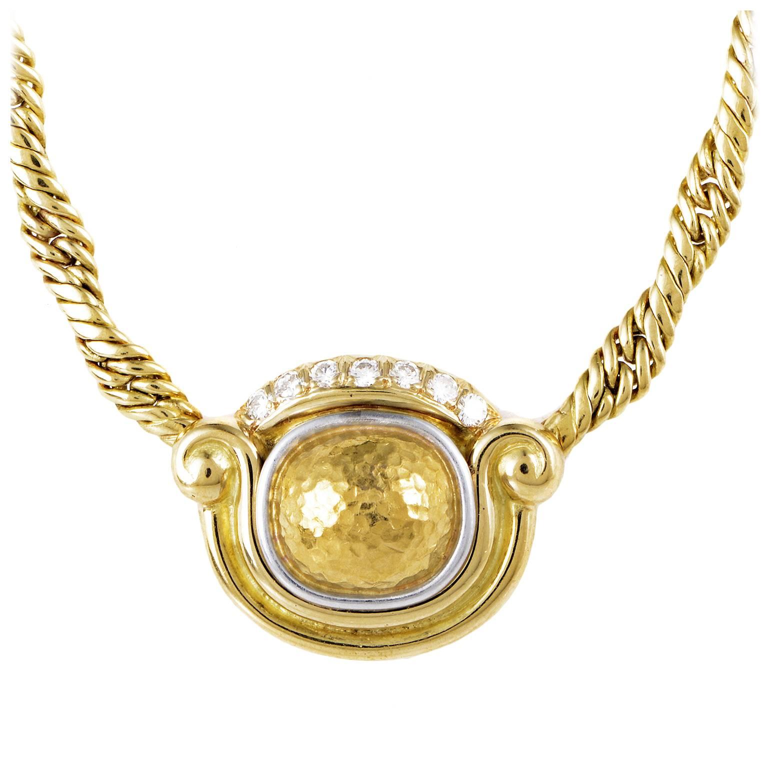 Chaumet Diamond Hammered Gold Pendant Necklace