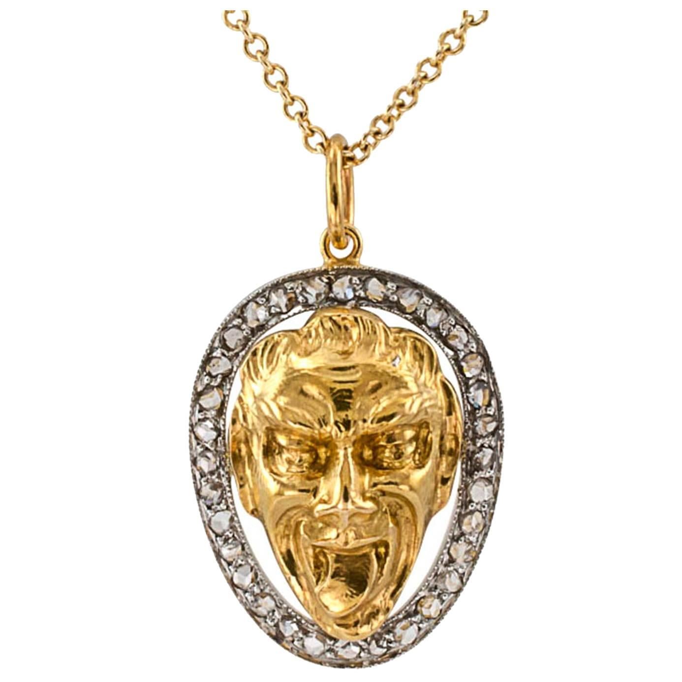 Art Nouveau Gold Diamond Platinum Mask Face Pendant