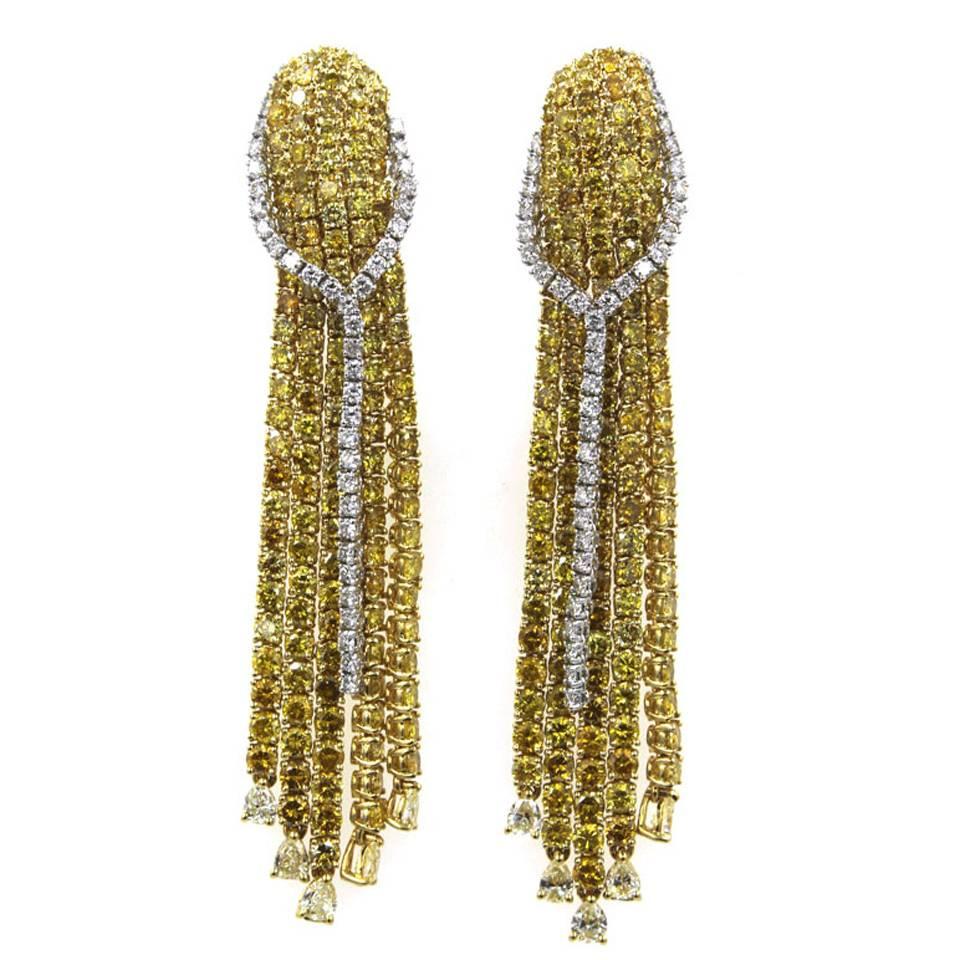  Modern Yellow and White Diamond Two Color Gold Drop Earrings