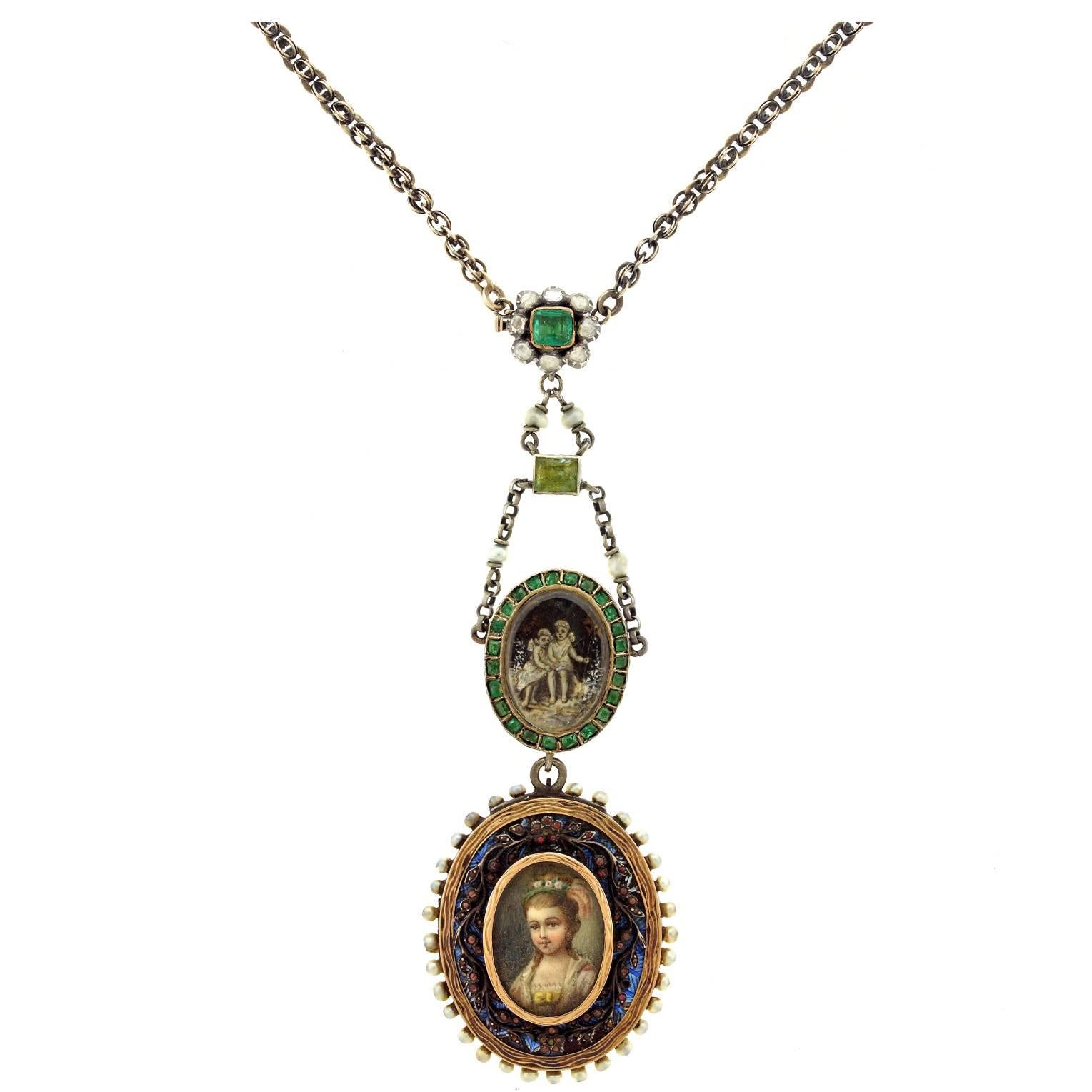 Circa 1820s, 1860s, 1880s, 14k & 14k/silver. This stunning one-of-a-kind creation is a marriage of five antique elements. Featuring an early-Victorian hand-painted portrait as its focal point, the necklace also includes artwork of two cherubs,