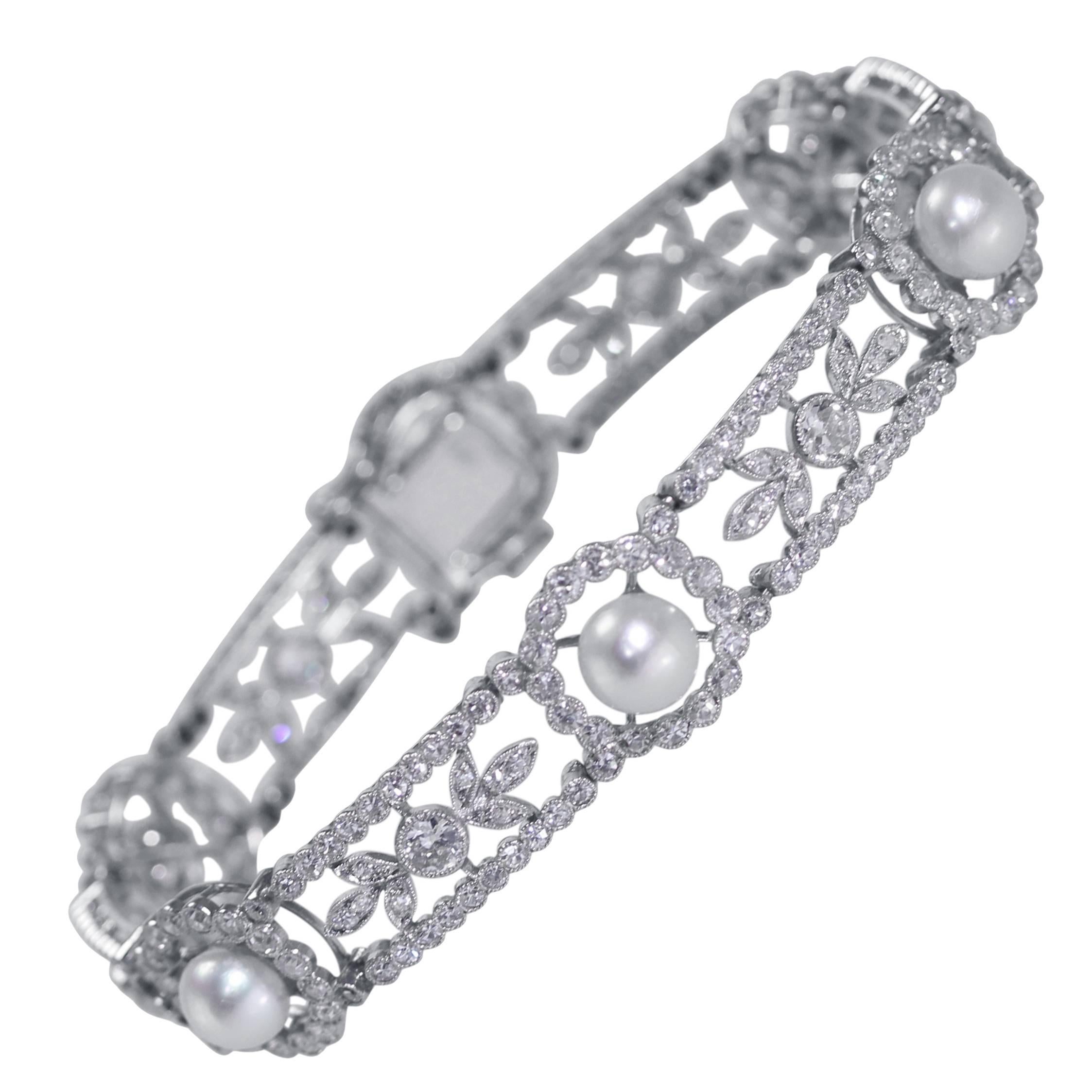 Belle Epoque GIA Cert Natural Pearl Diamond Platinum Bracelet