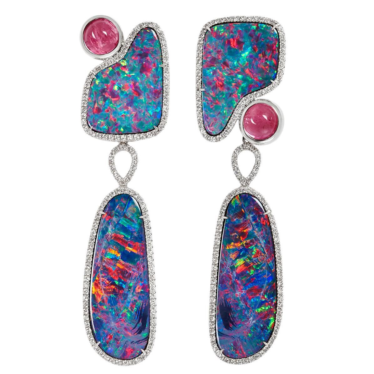 Bushfire Opal and Rubellite Earrings For Sale