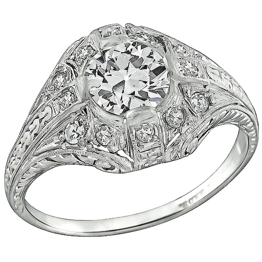 Antique 0.93 Carat GIA Cert Diamond Platinum Engagement Ring For Sale