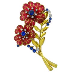 Boucheron Enamel Sapphire Diamond Gold Flower Pin Brooch